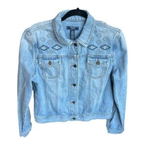 VTG Chaps Women Blue Denim Embroidered Jean Jacket Western Coastal Cowgirl Sz L